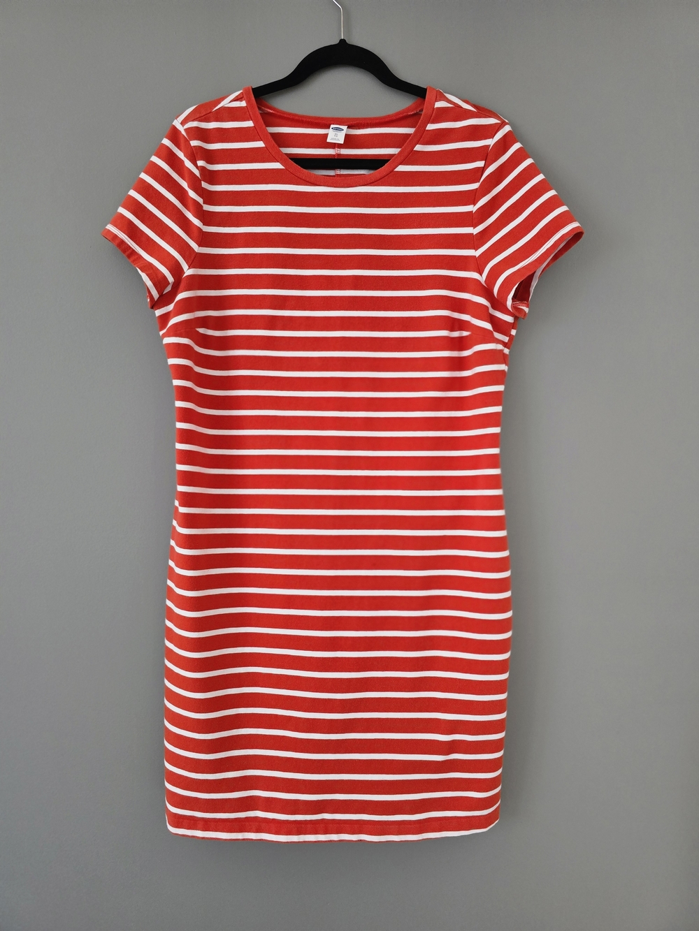  Orange and white horizontal striped, fitted crew-neck tee dress from Old Navy. 